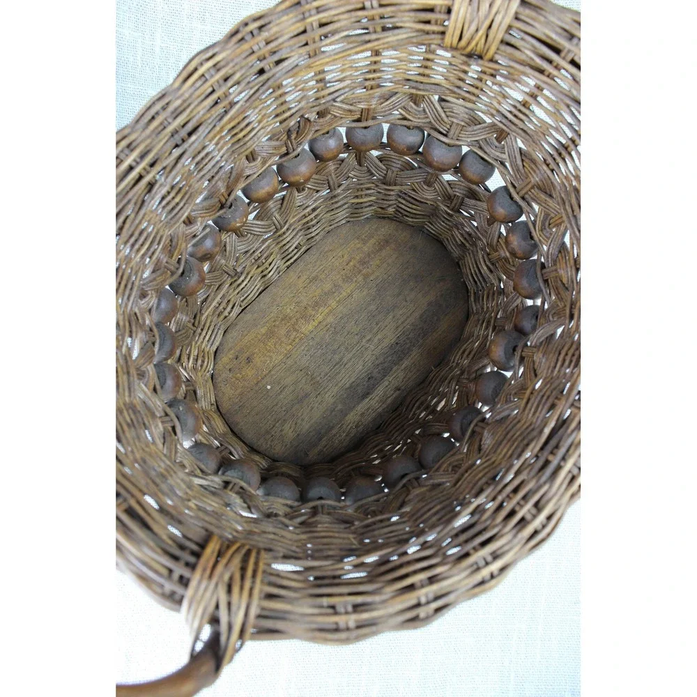 Vintage Woven Stick & Ball Wicker Basket Rustic Farmhouse Cottagecore Boho